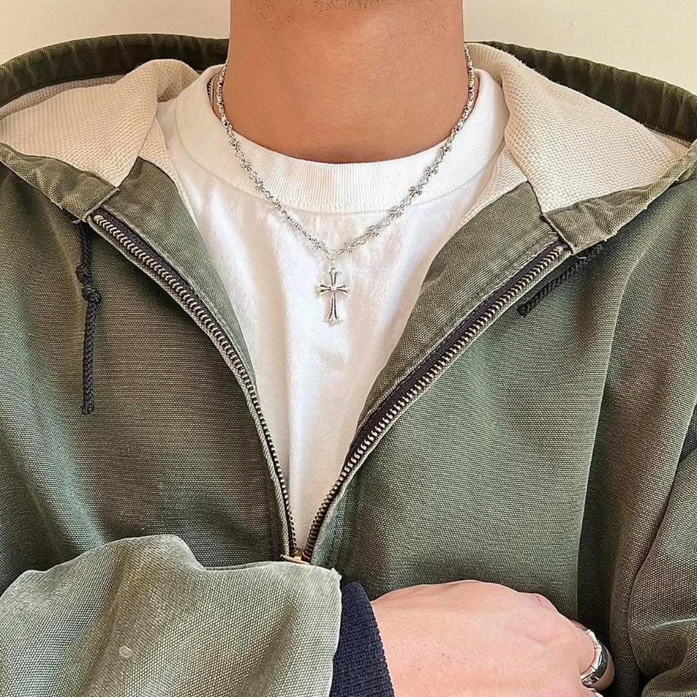 vintage y2k grunge chrome color silver cross pendant necklace